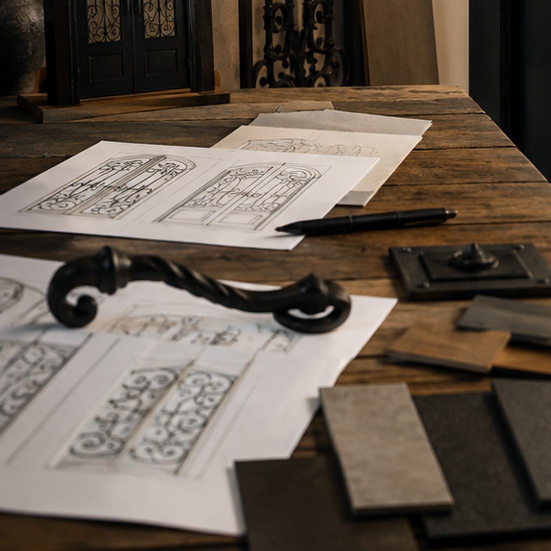 Iron door plans, hardware and finish samples on a worktable