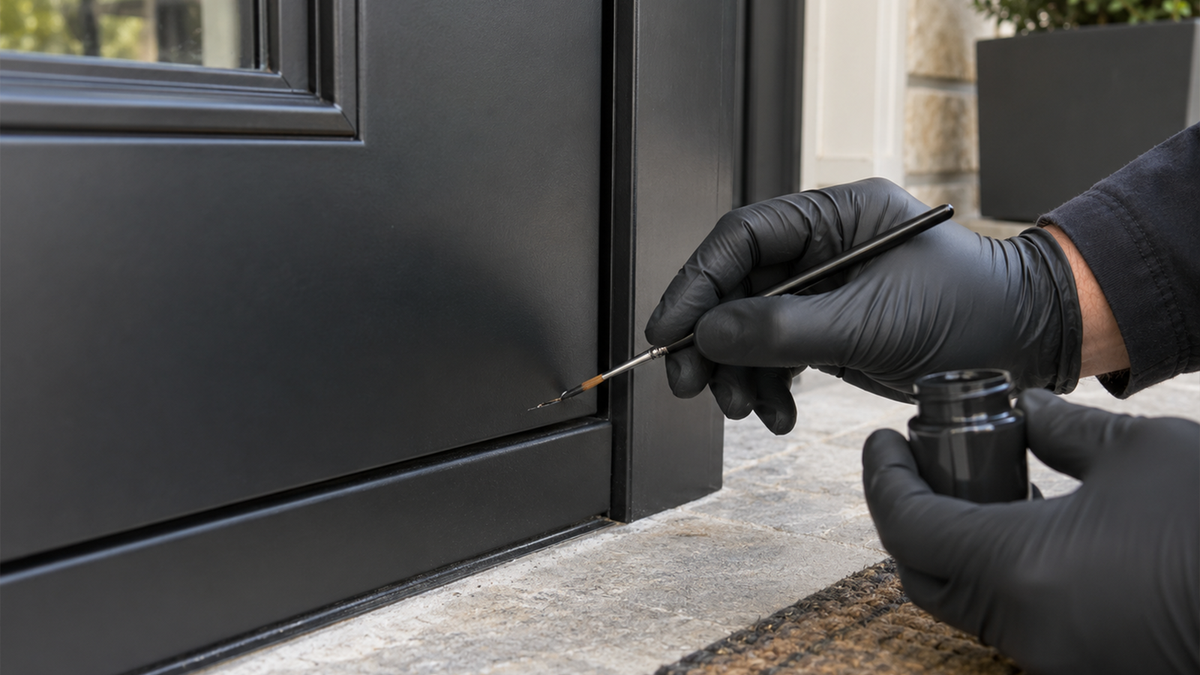 Touching up the black finish at the bottom of an iron door