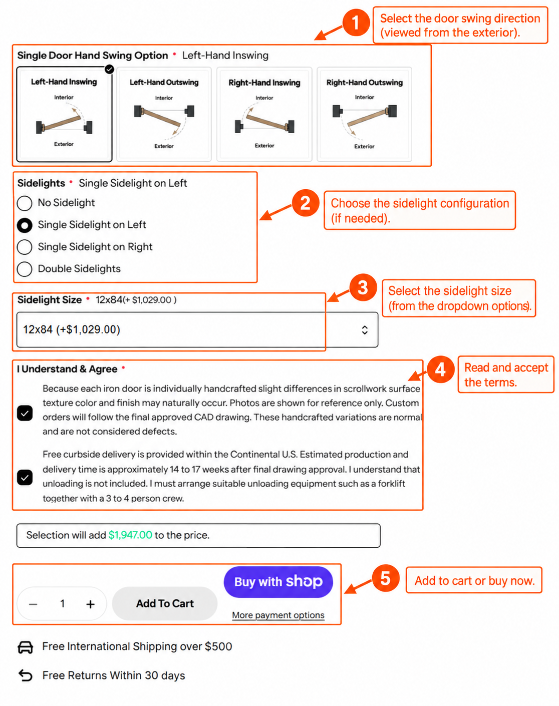 Door customization form showing door swing and sidelight options