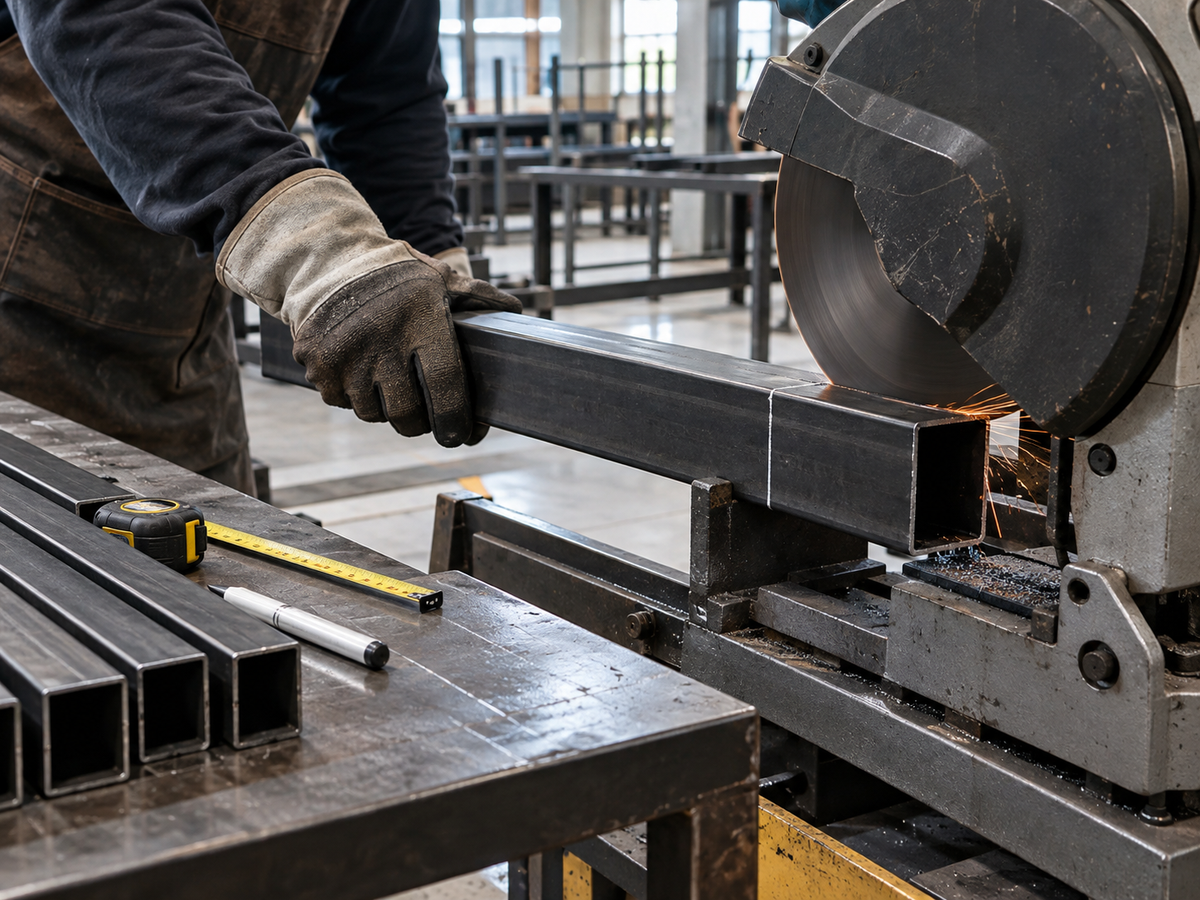 Worker measuring and cutting steel with a circular saw