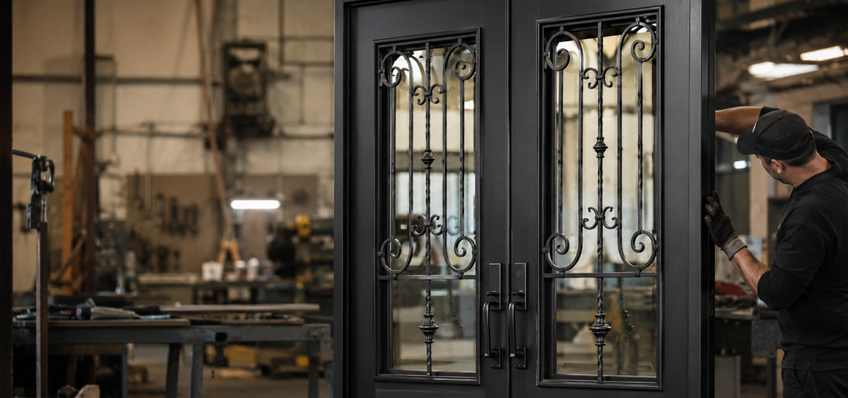 Partially open iron doors in a workshop