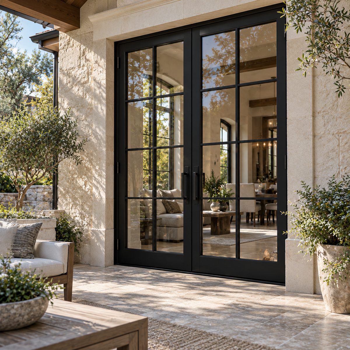 Black double French glass doors at a stone entrance