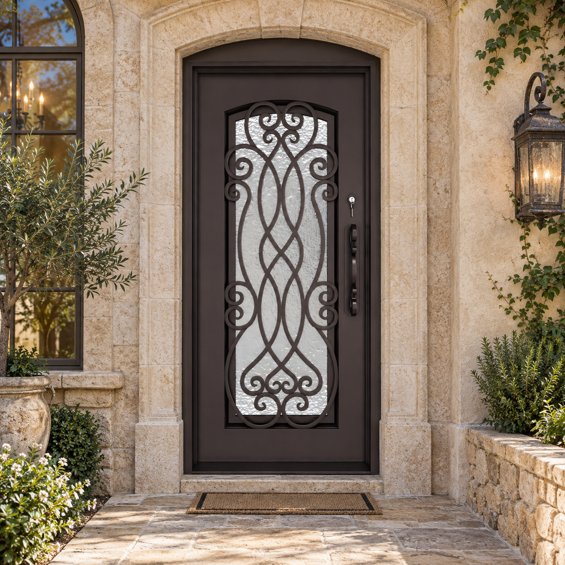 Single black iron entry door with decorative scrollwork and curved glass in a stone entrance