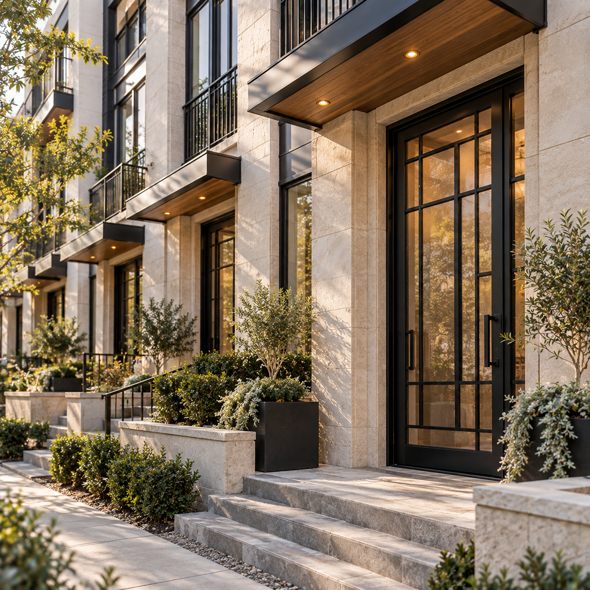 Several house entrances fitted with black glass doors