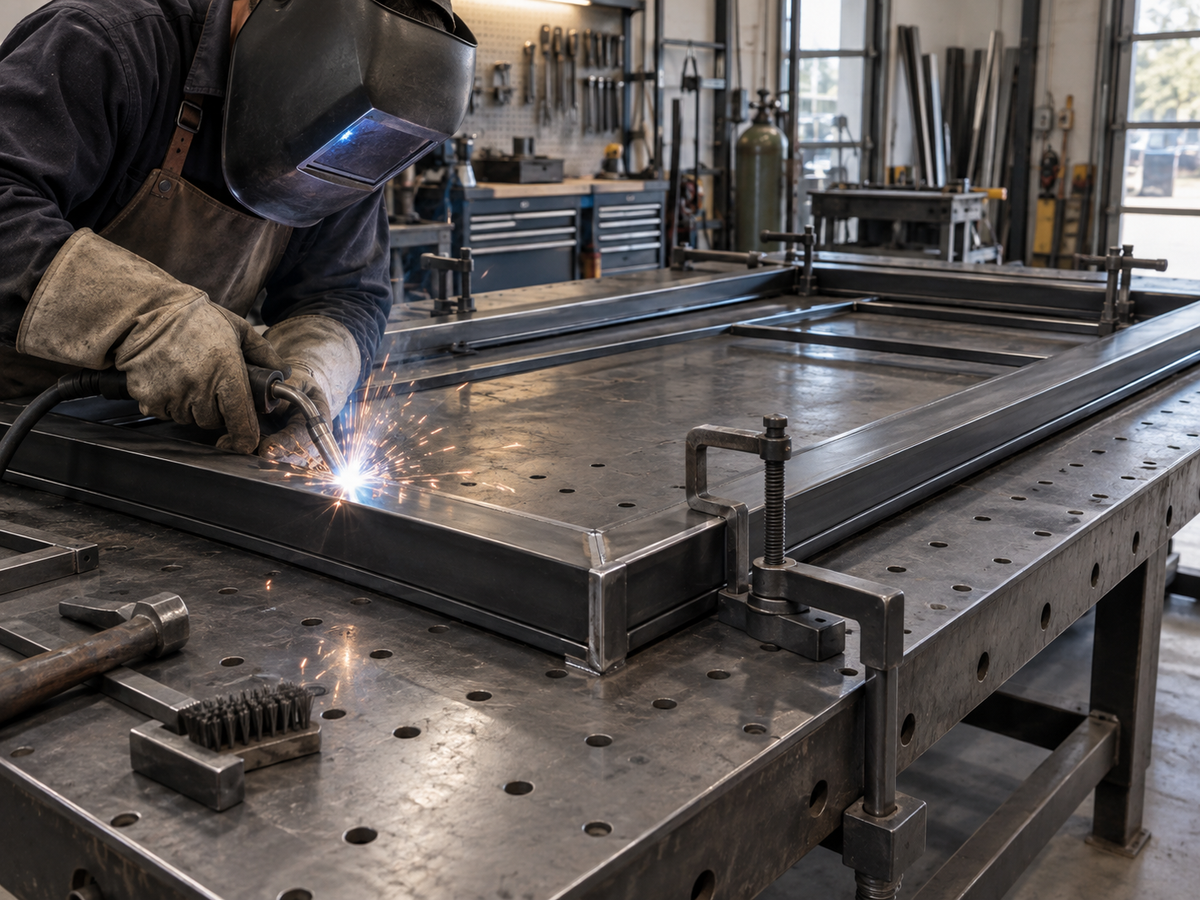 Worker welding an iron door frame