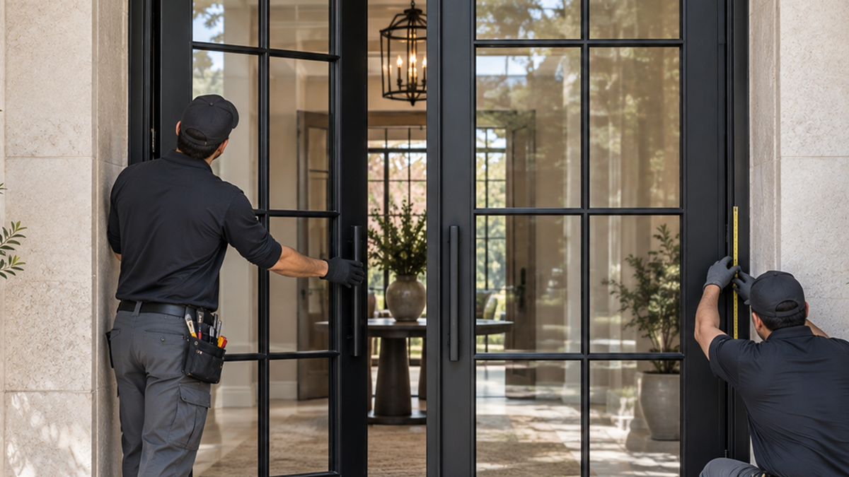 Workers checking door alignment and glass after installation