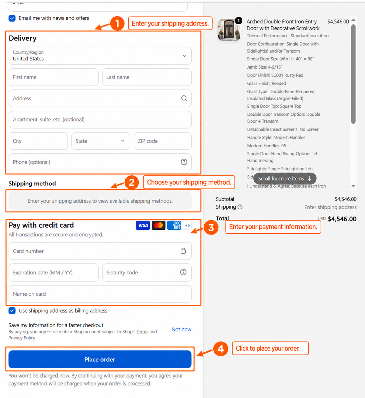 Door customization order selections and cart review