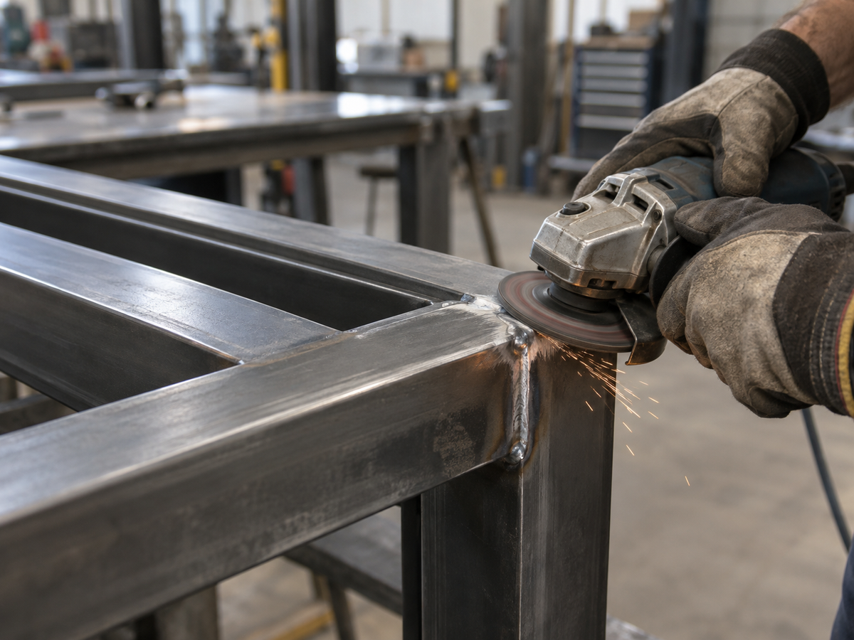 Grinding and smoothing an iron door frame with an angle grinder