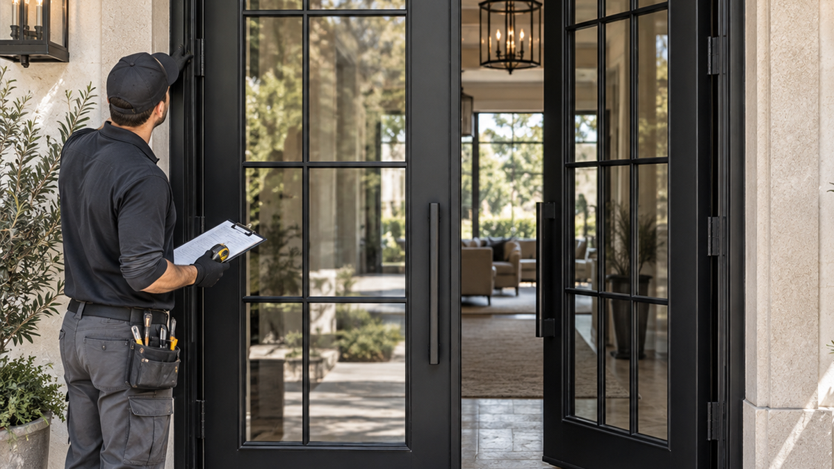 Inspecting the operation of black double glass iron doors