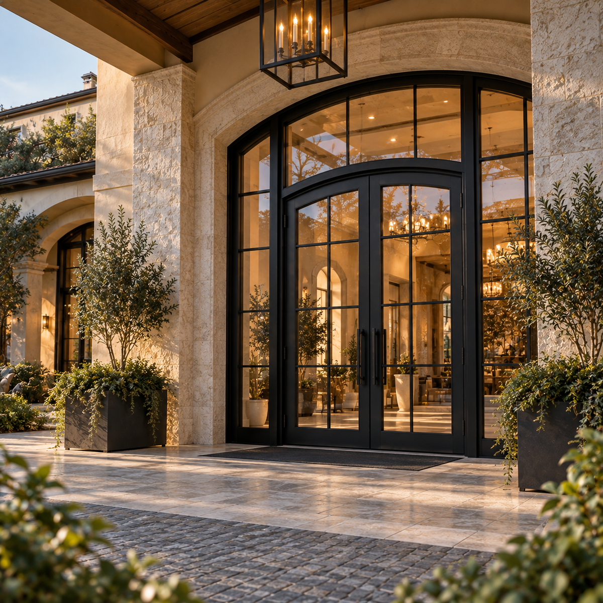 Arched double glass doors at an illuminated hospitality entrance