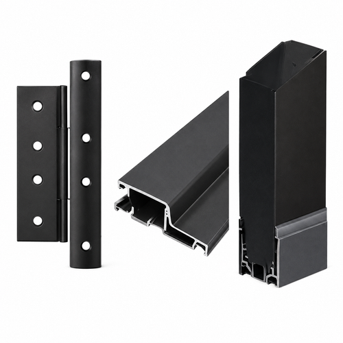 Black iron door hinge, frame and threshold components