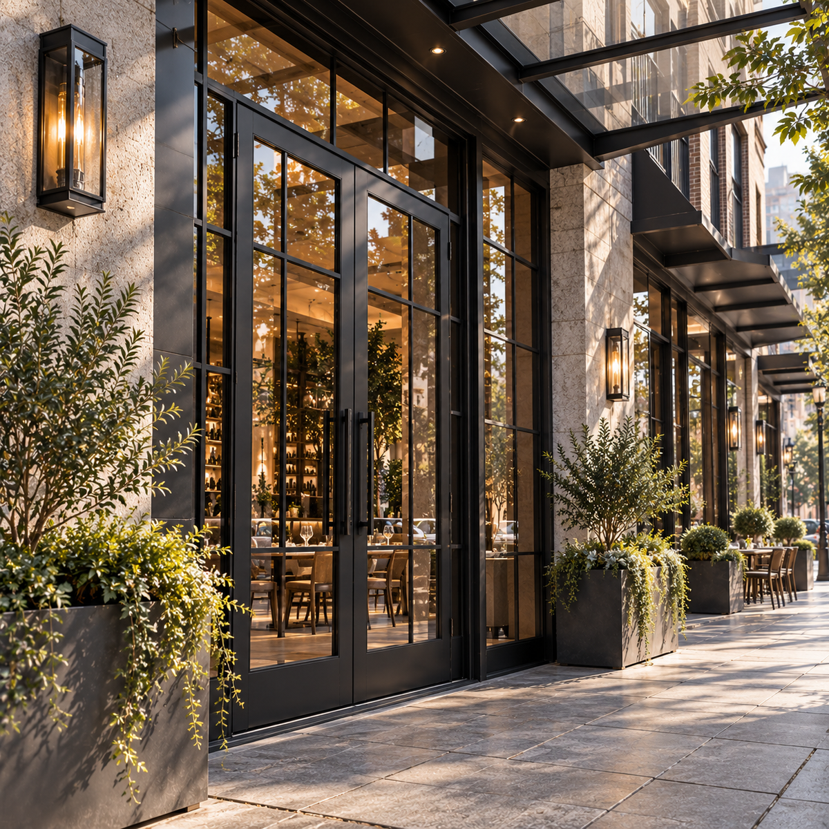 Black glass commercial entrance beneath an awning
