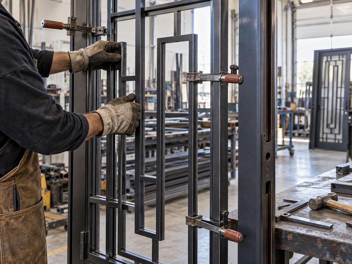 Craftsman assembling decorative ironwork for a door