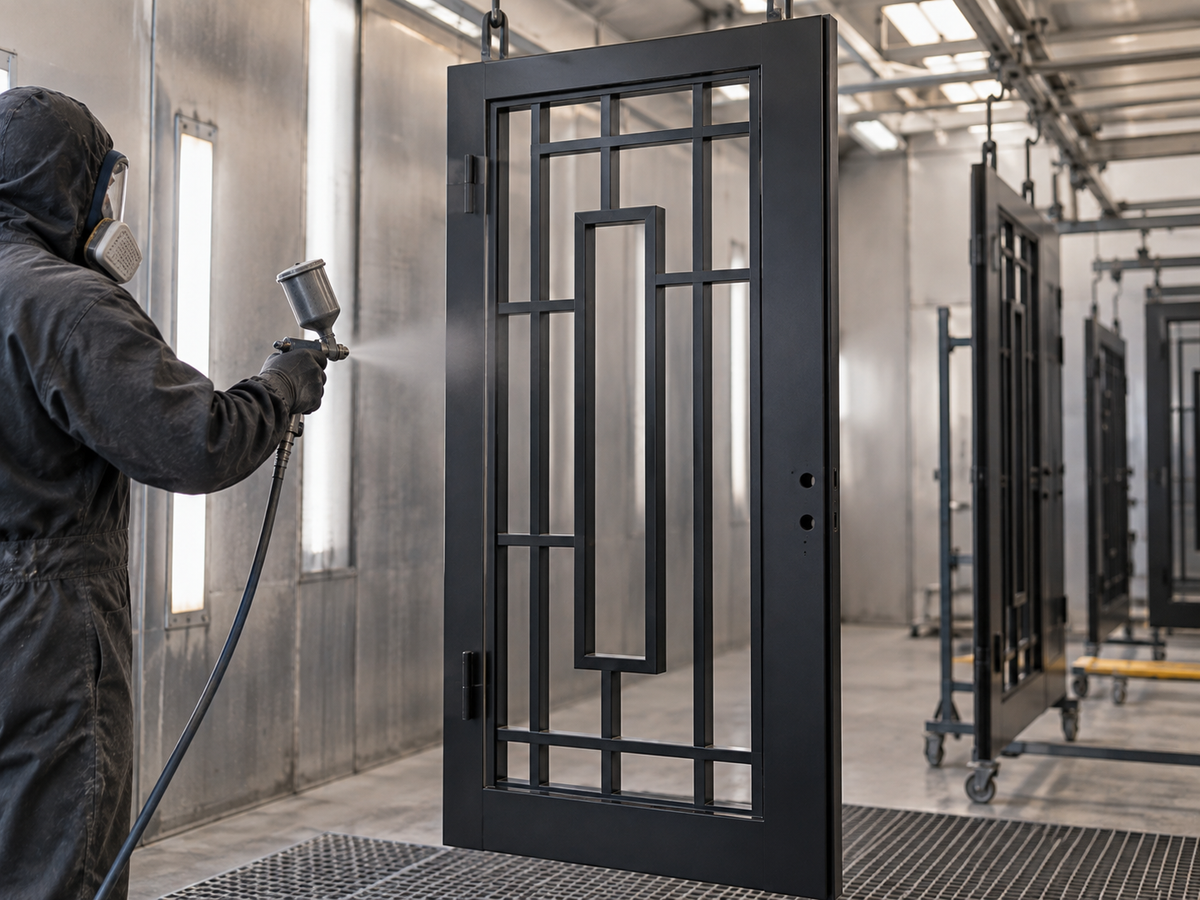 Applying a sprayed finish to an iron door frame