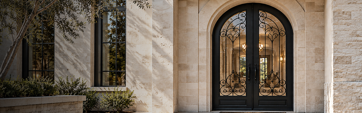 Collage of an ornate arched iron entrance and door fabrication workshop