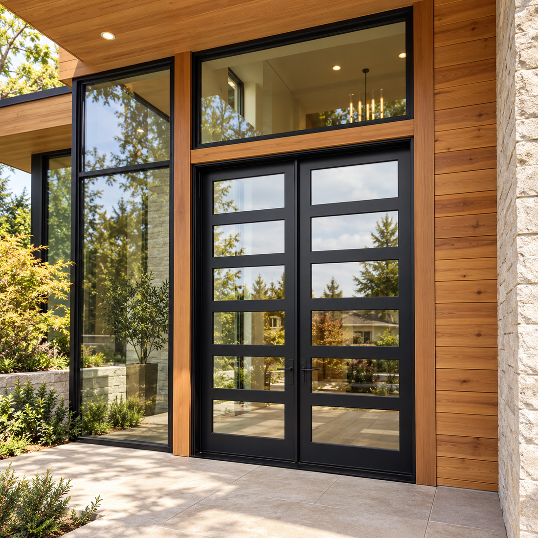 Double iron doors with horizontal glass panels and a rectangular transom