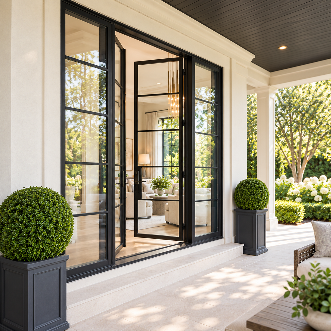 Black double glass iron doors opened beneath a porch