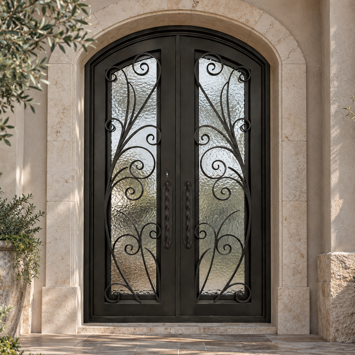 Double Classic Wrought Iron Front Door with Elegant Curved Top