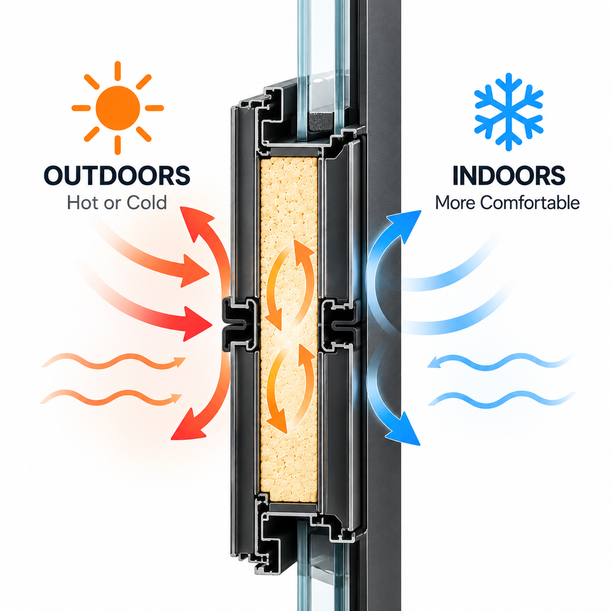 Illustration of an insulated iron door separating hot outdoor air from cool indoor air