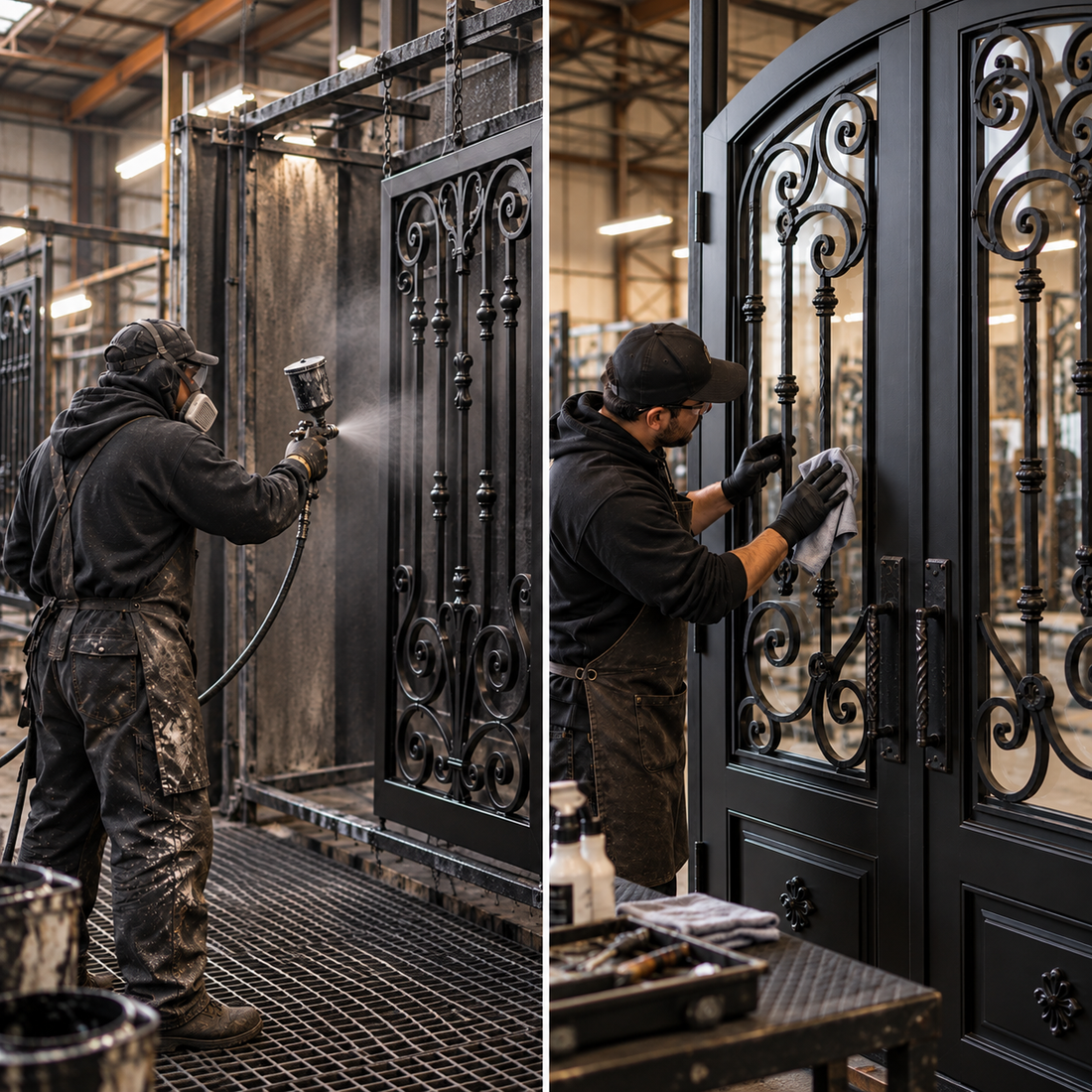 Craftsman polishing and inspecting an ornate iron door in a workshop