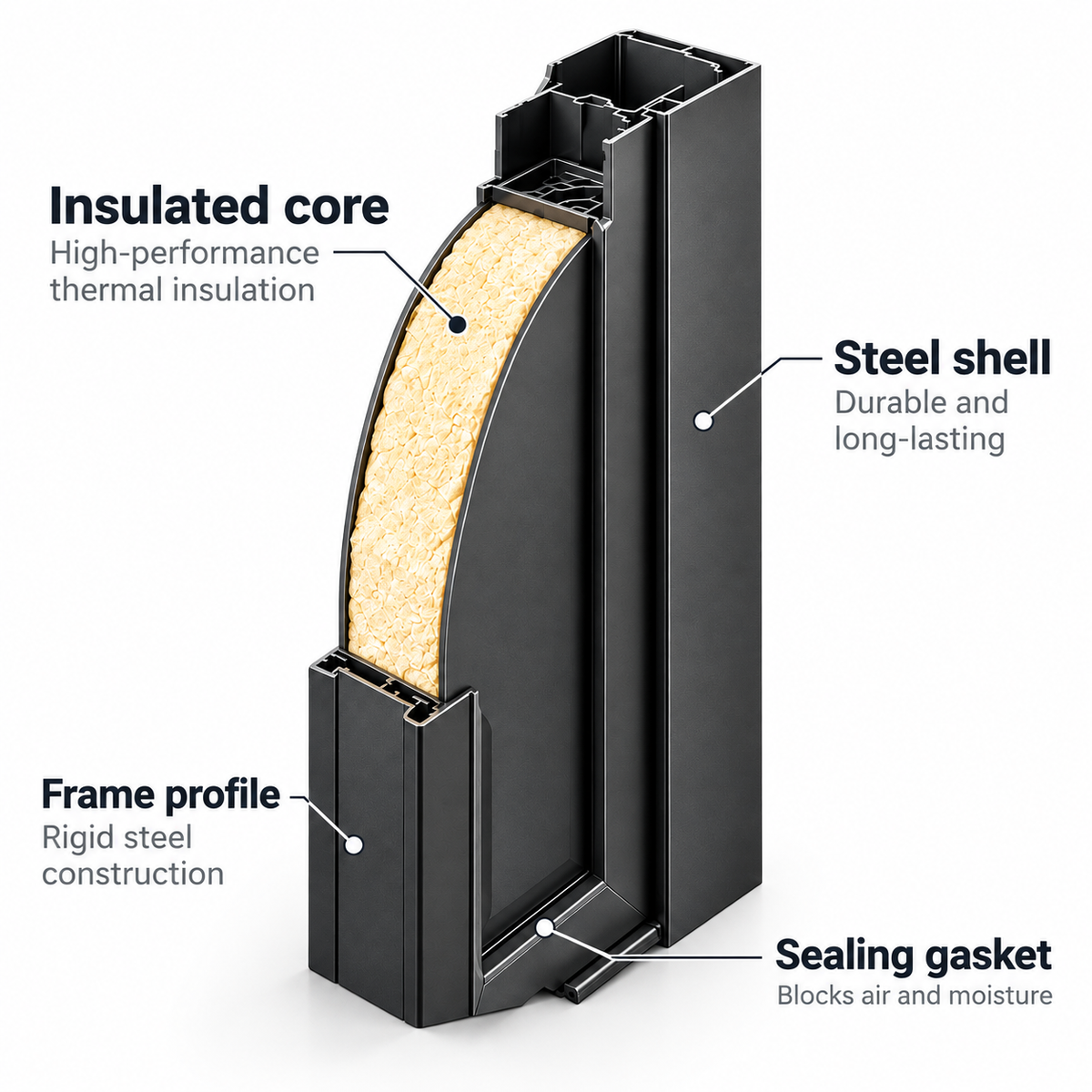 Insulated iron door cross-section showing the steel frame, core and gasket