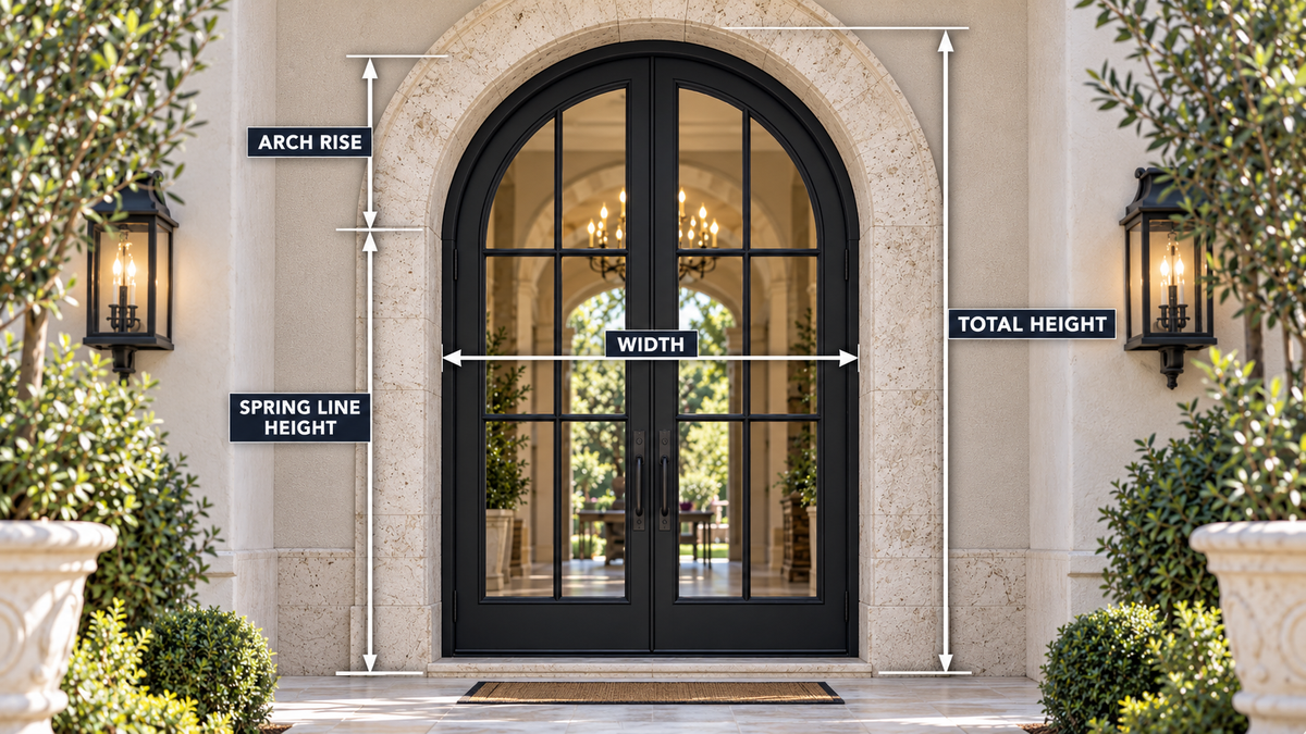 Arched black double iron entry doors at a stone house entrance