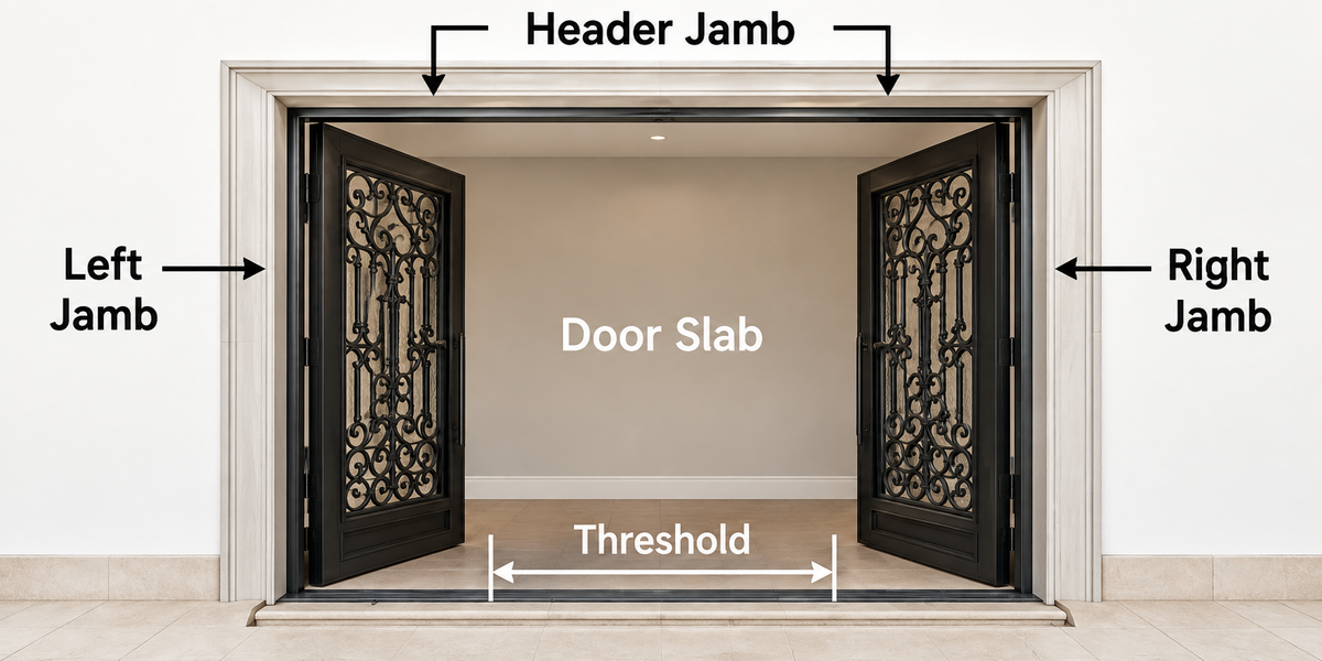 Labeled diagram of an iron door jamb, door slab and threshold