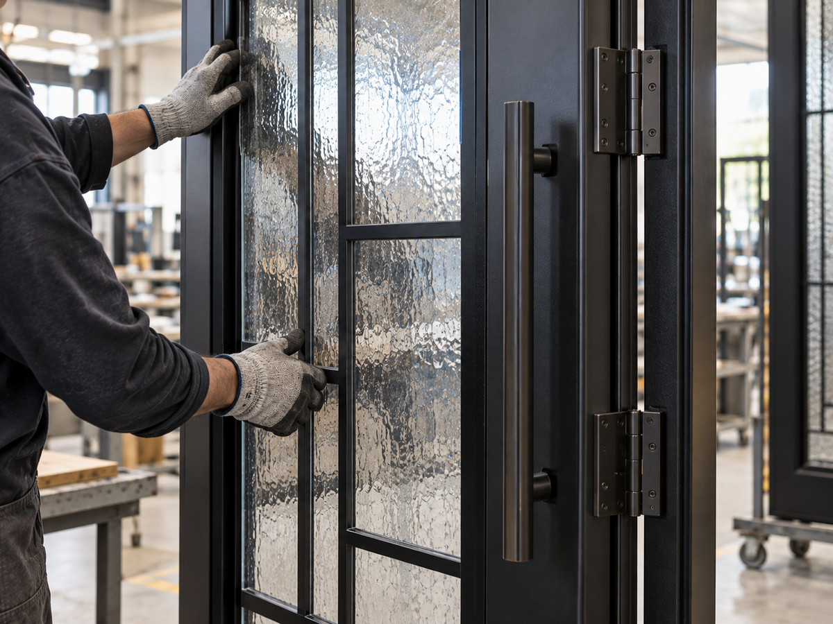 Worker fitting hardware and glass to an iron door