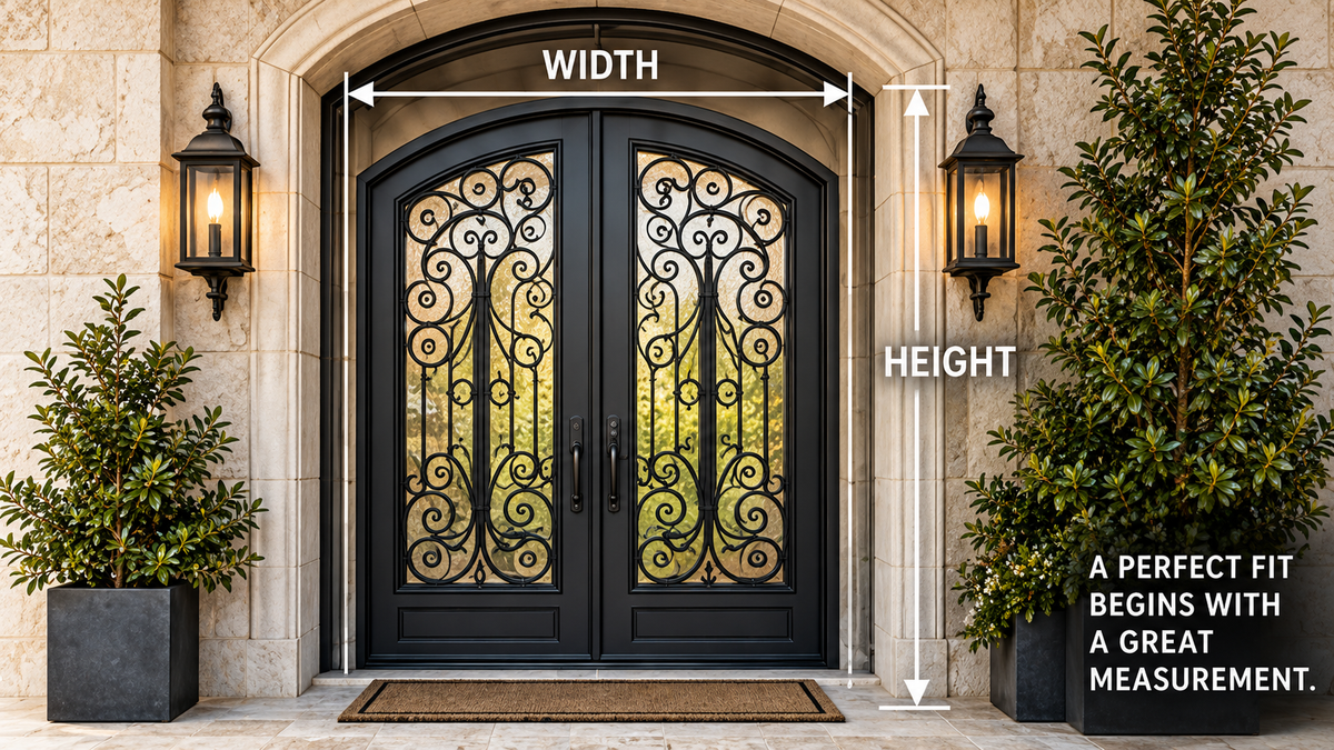 Ornamental iron door with width and height measurement guides