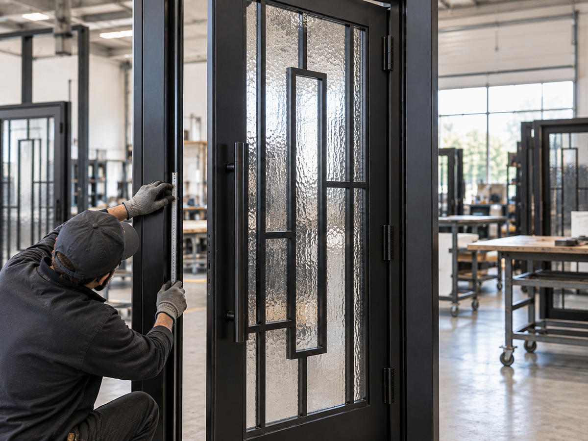 Workers checking iron door hinges and operation