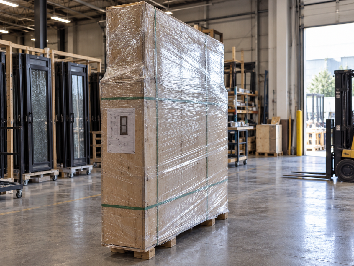 Iron doors protected in a wrapped wooden shipping crate
