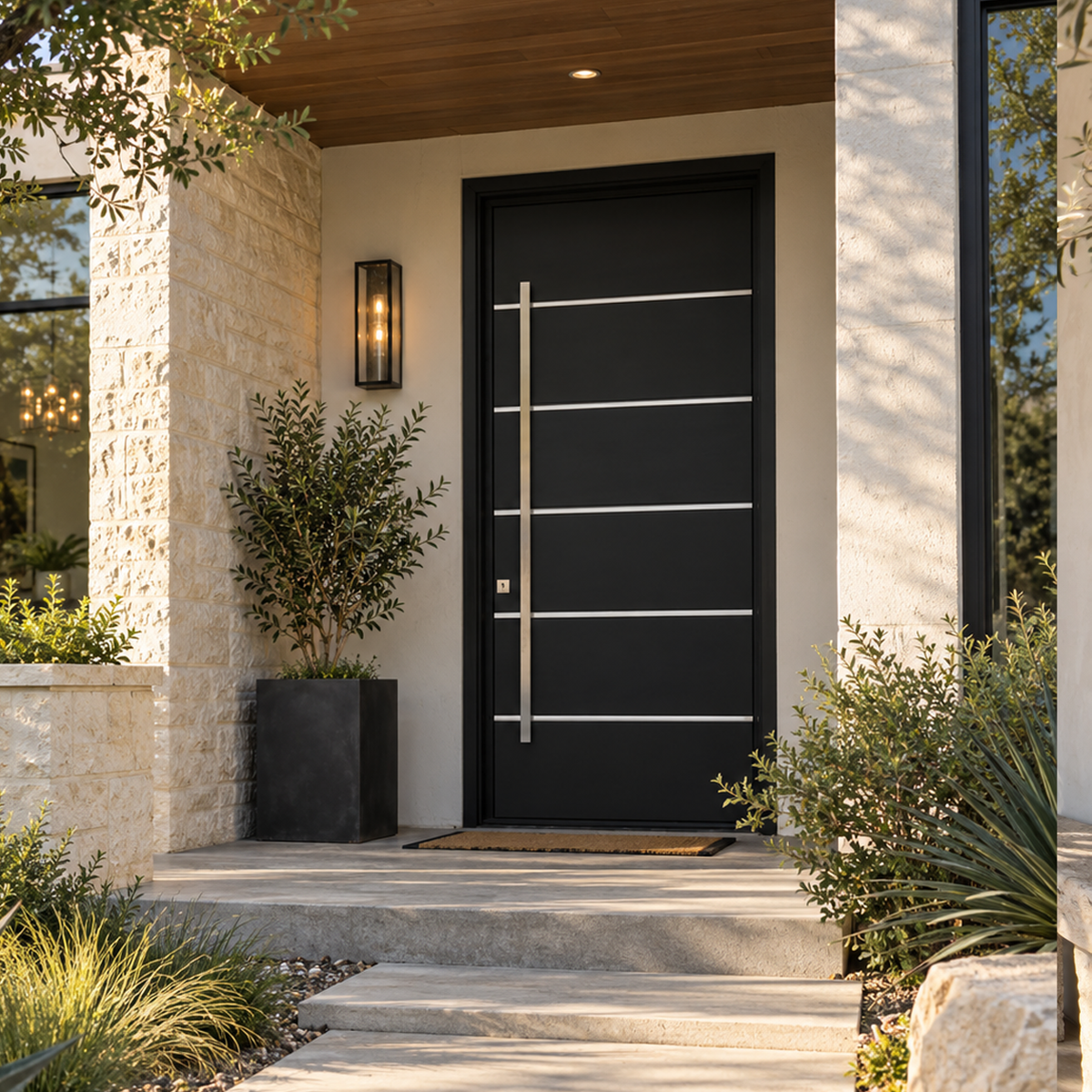 Single black entry door with horizontal accents at a modern house