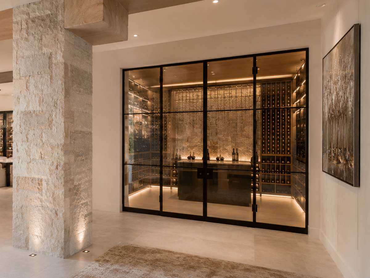 Black grid glass wine cellar doors with illuminated wine storage behind them
