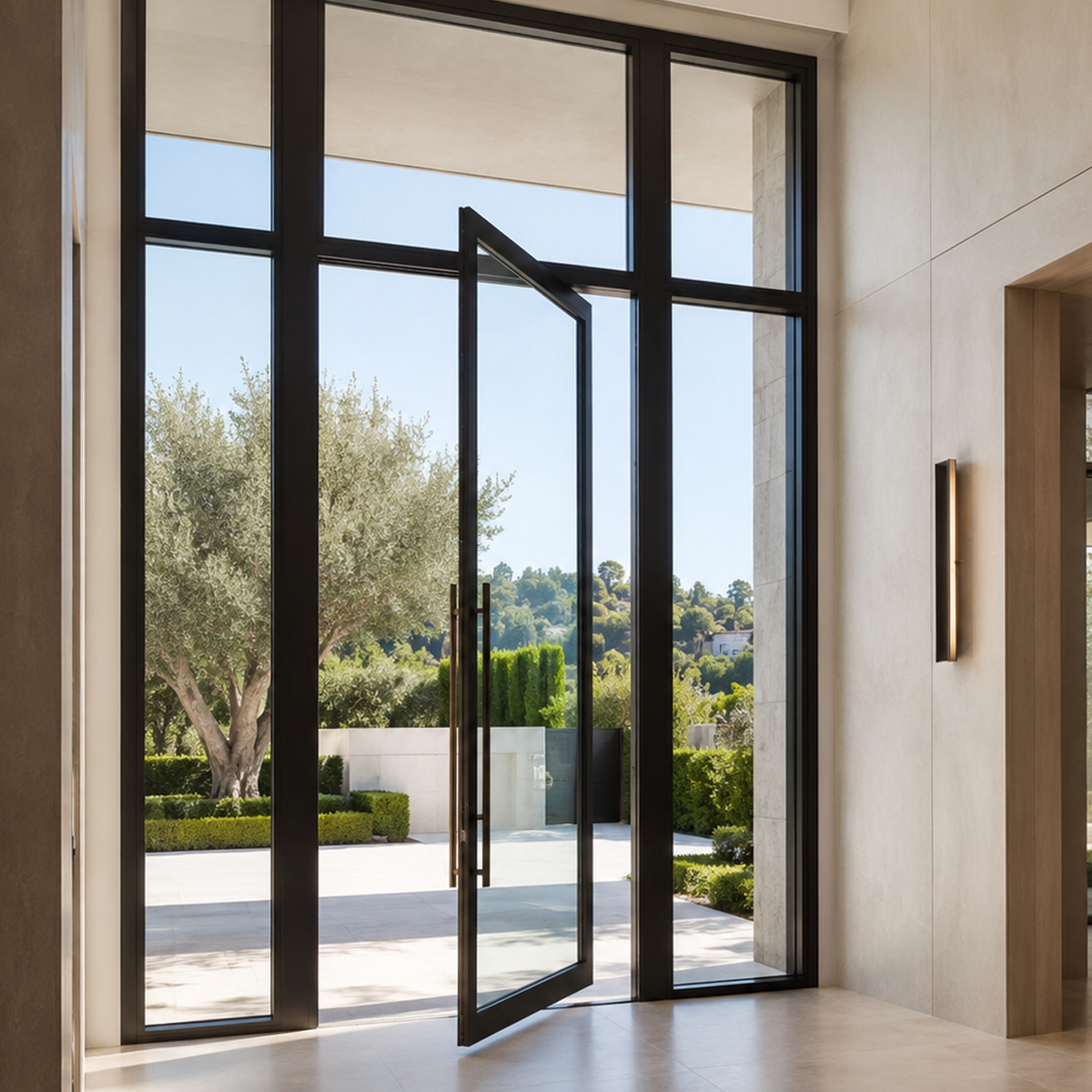 Open black glass pivot entry door viewed from inside a home