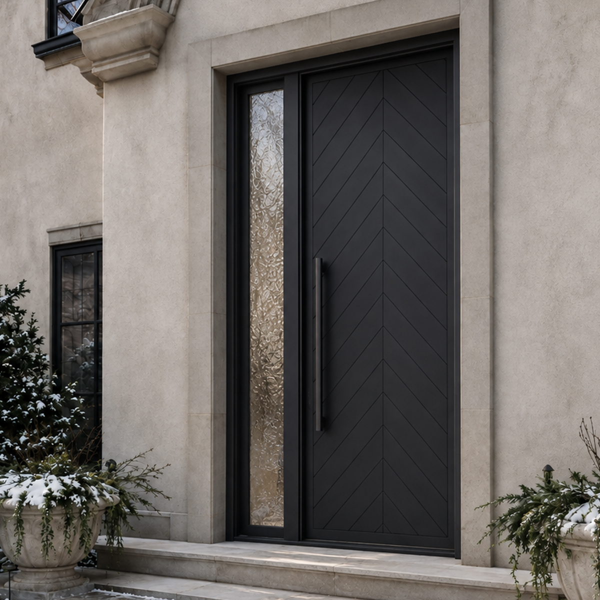 Modern solid black single iron entry door in a stone house