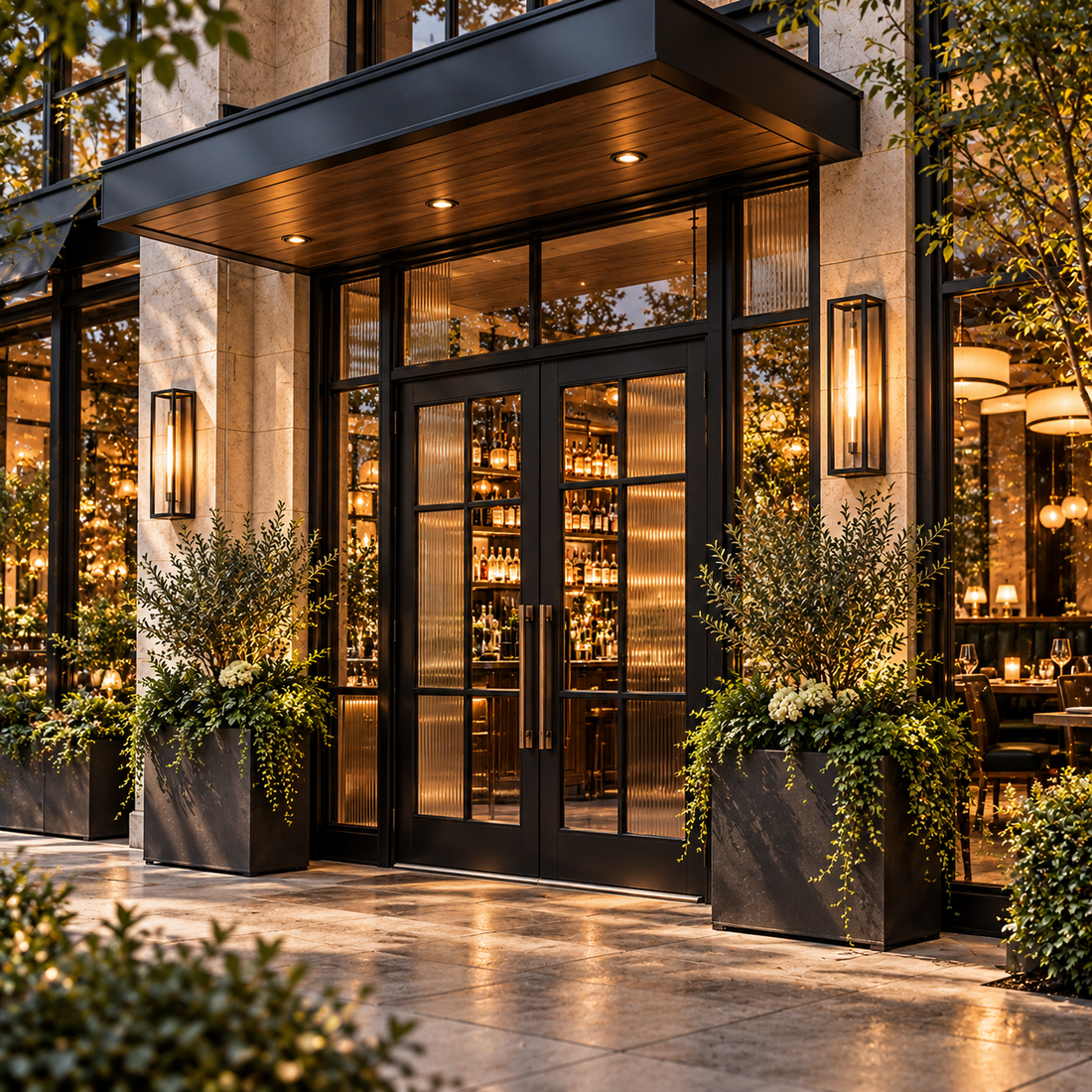 Glass commercial entrance beneath a wooden awning