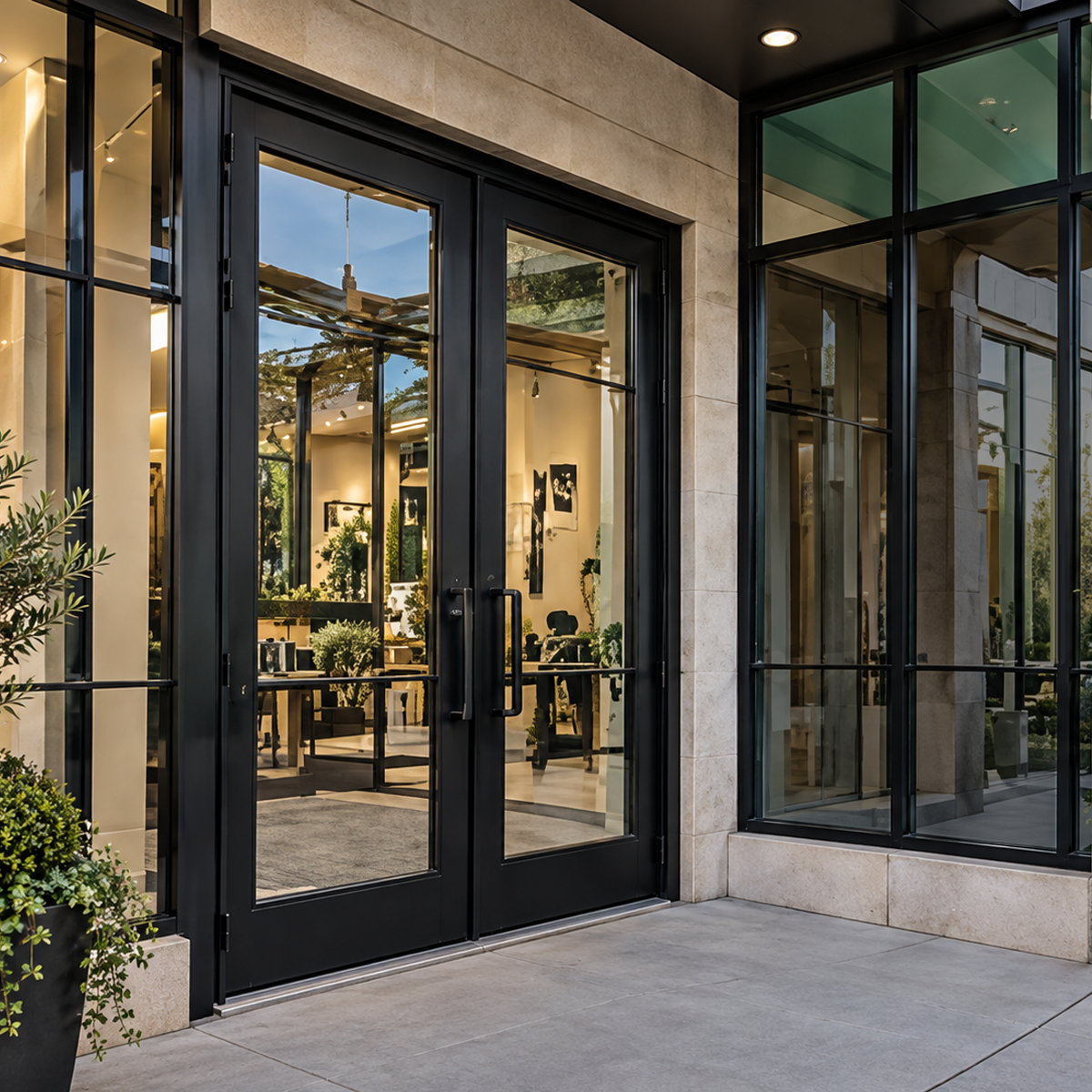 Black glass doors at a commercial entrance