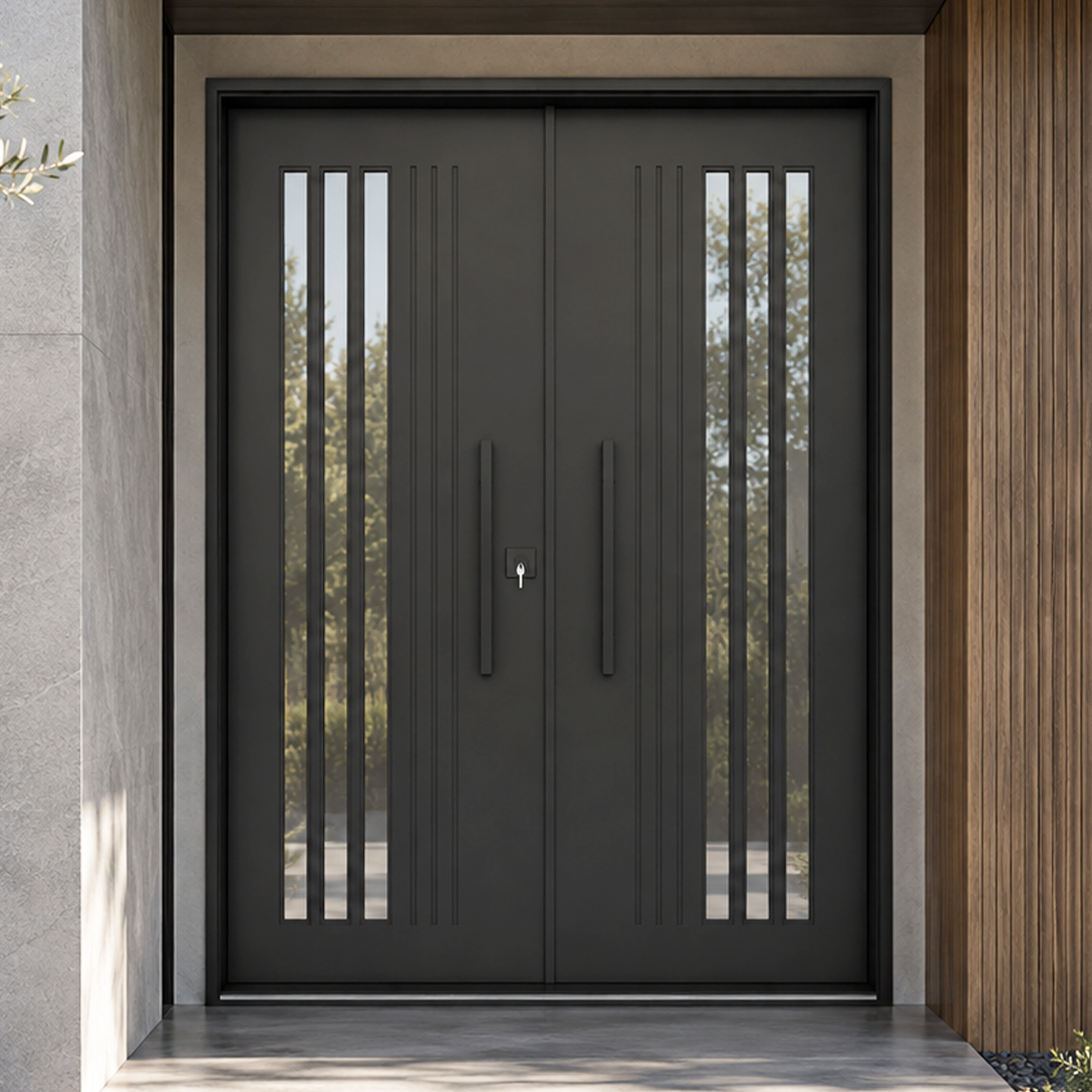 Contemporary black double iron front door with vertical glass accents at a modern American home entrance