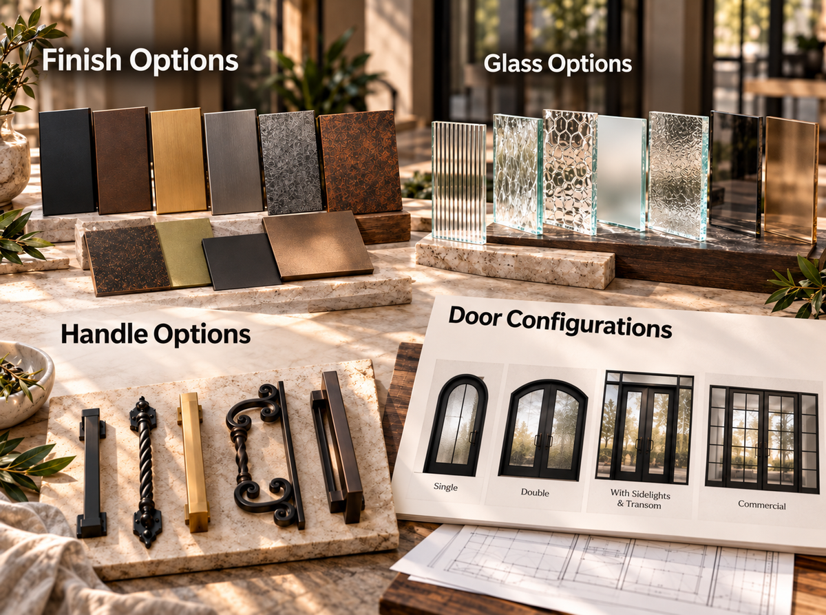 Collage of iron door finish, glass, handle and configuration options