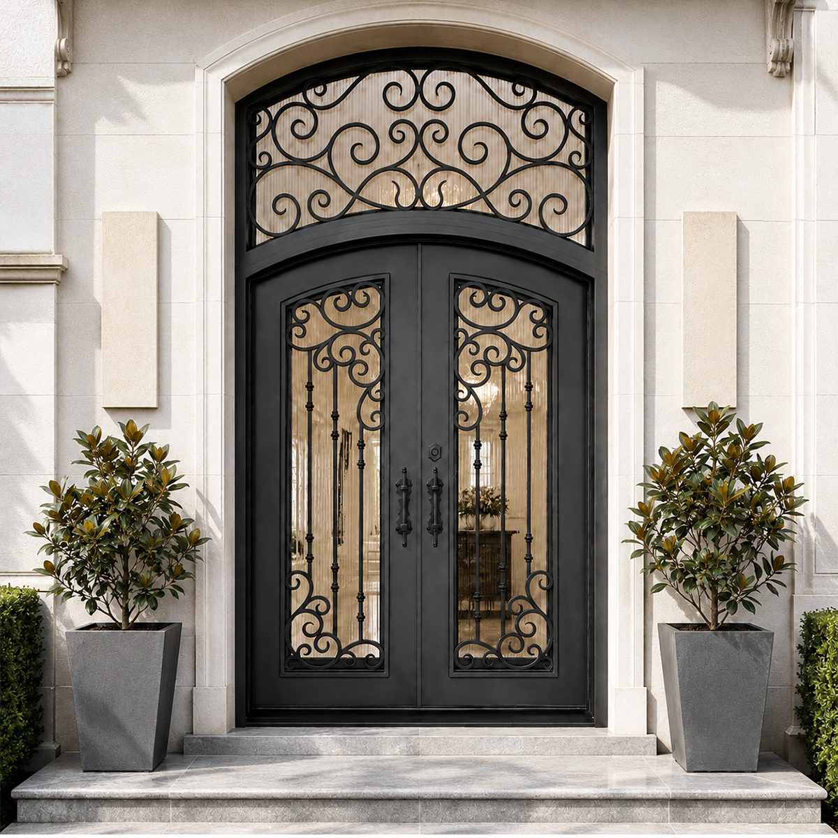 Double traditional iron entry door with decorative scrollwork, glass panels and arched transom