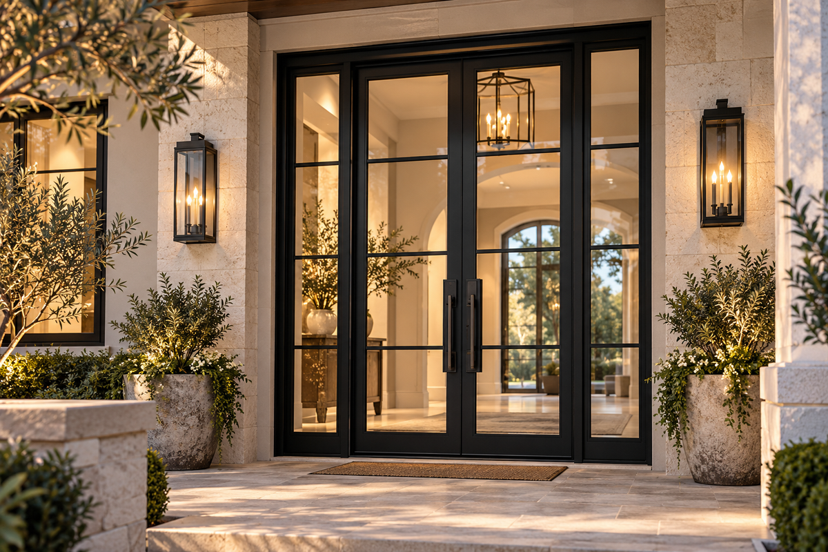 Residential French glass entry doors with sidelights and a transom