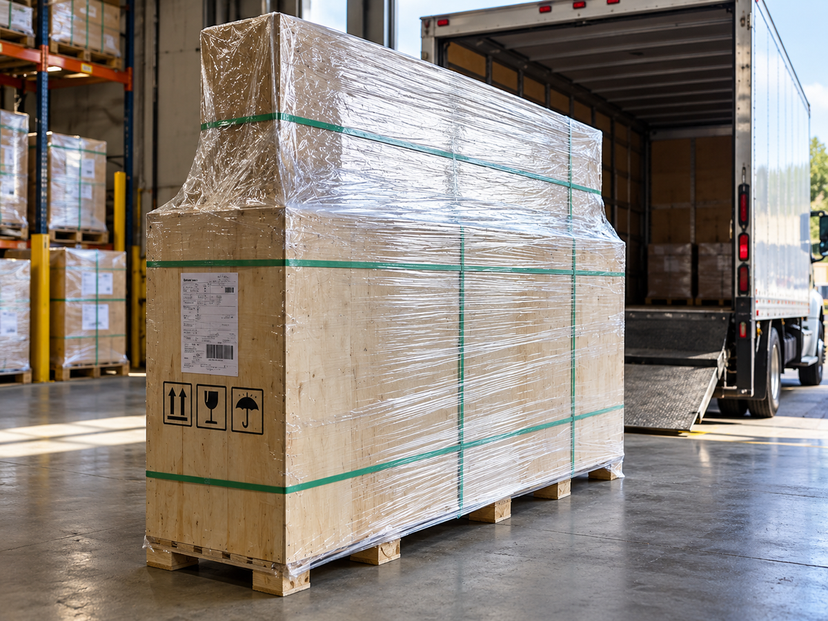 Packed wooden door crate being loaded onto a freight truck