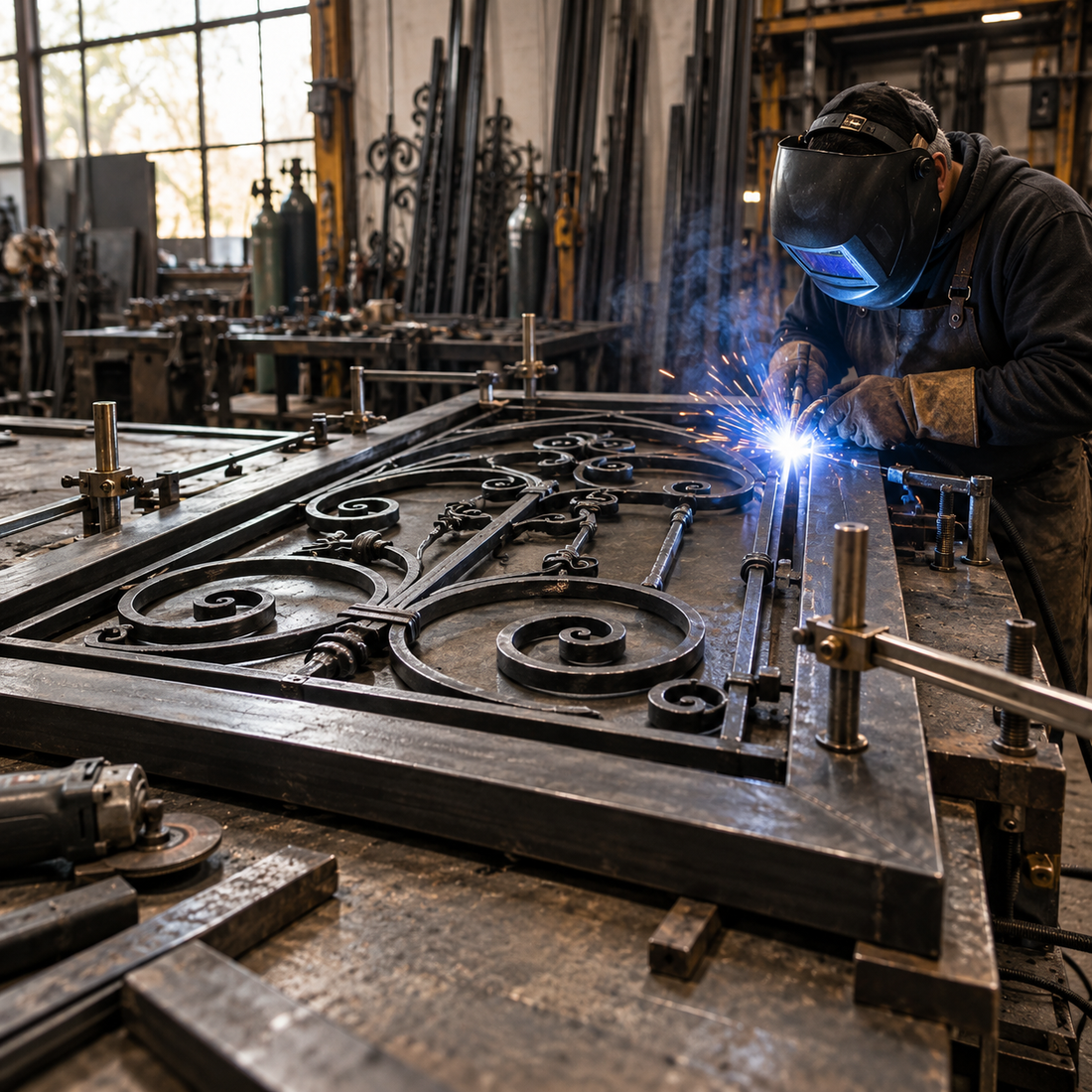 Welding decorative scrollwork into an iron door frame