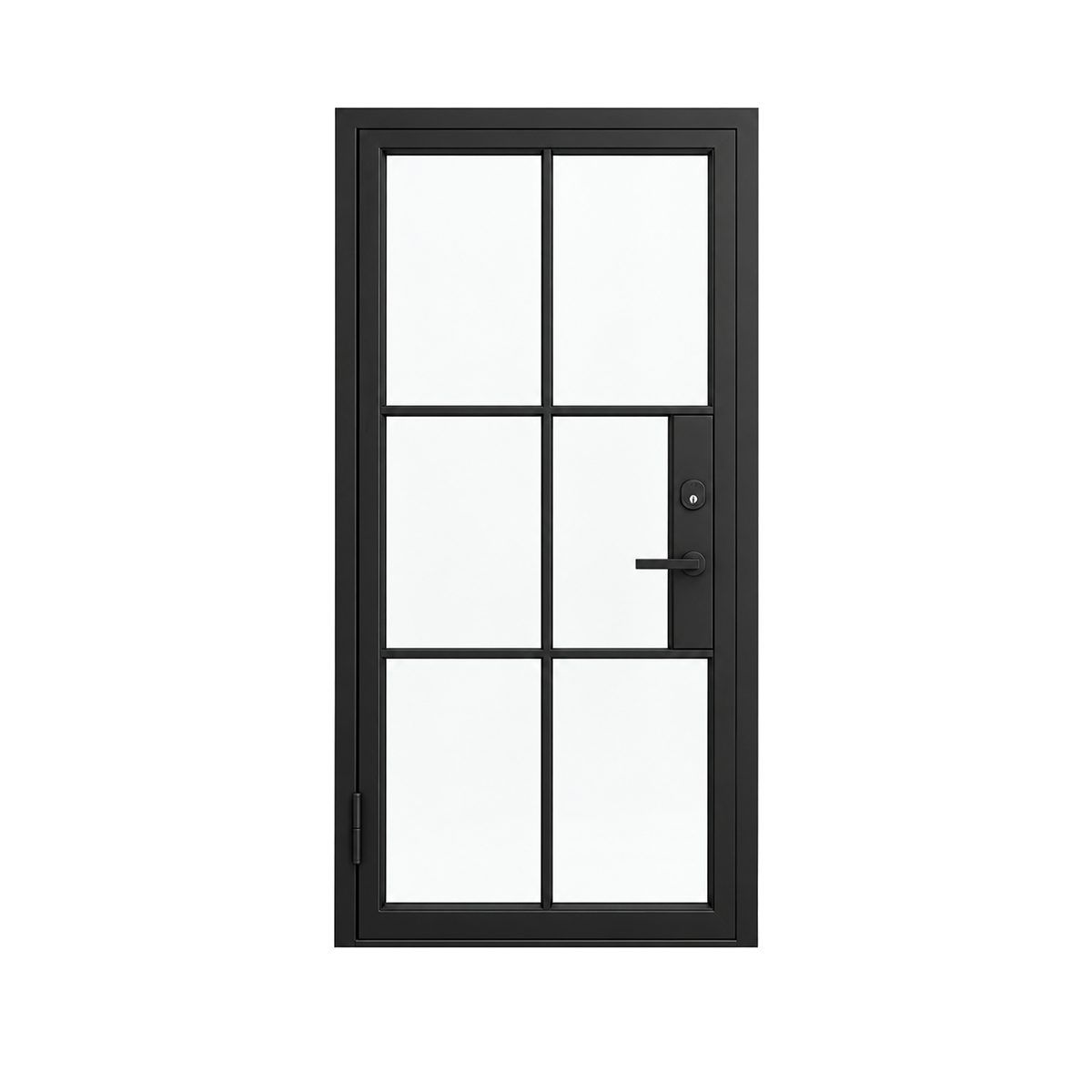 Single black French iron door with six glass panels on a white background
