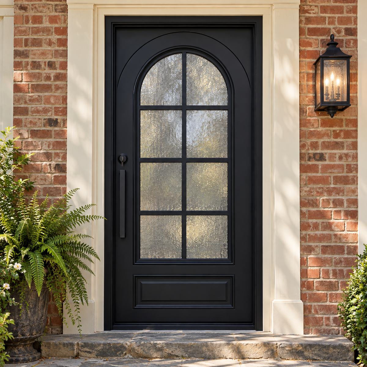 Front view of a black iron entry door with arched textured glass, divided lites, and a lower raised panel.