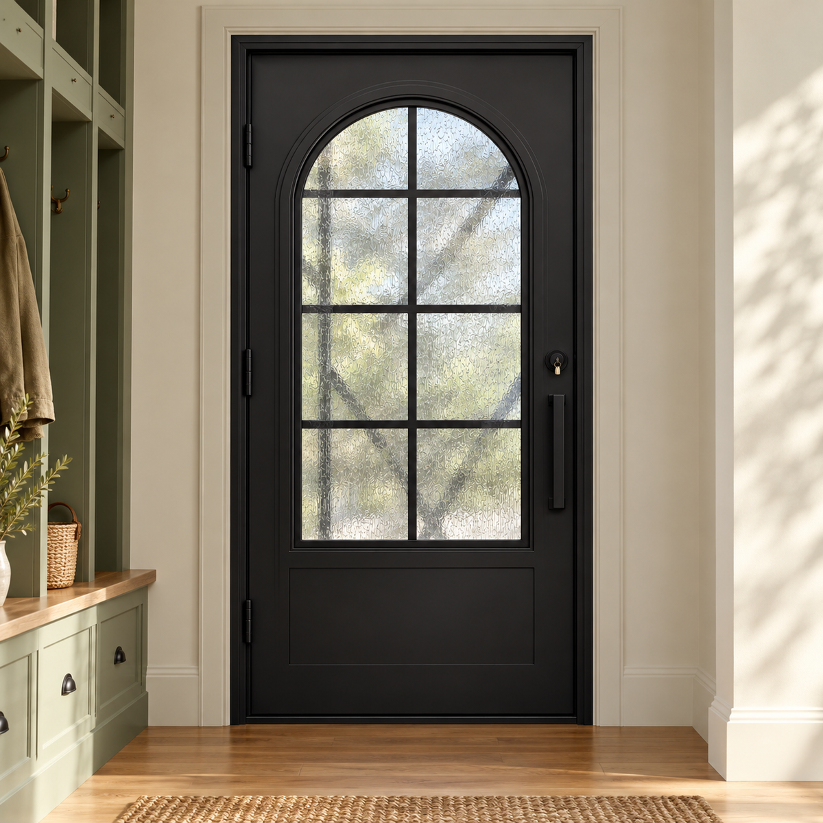 Interior view of a black iron entry door with arched textured glass and a lower panel.