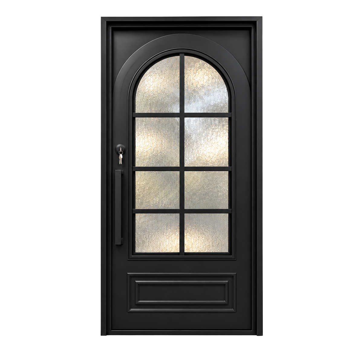 Black iron entry door with arched textured glass, divided lites, and a lower raised panel on a white background.
