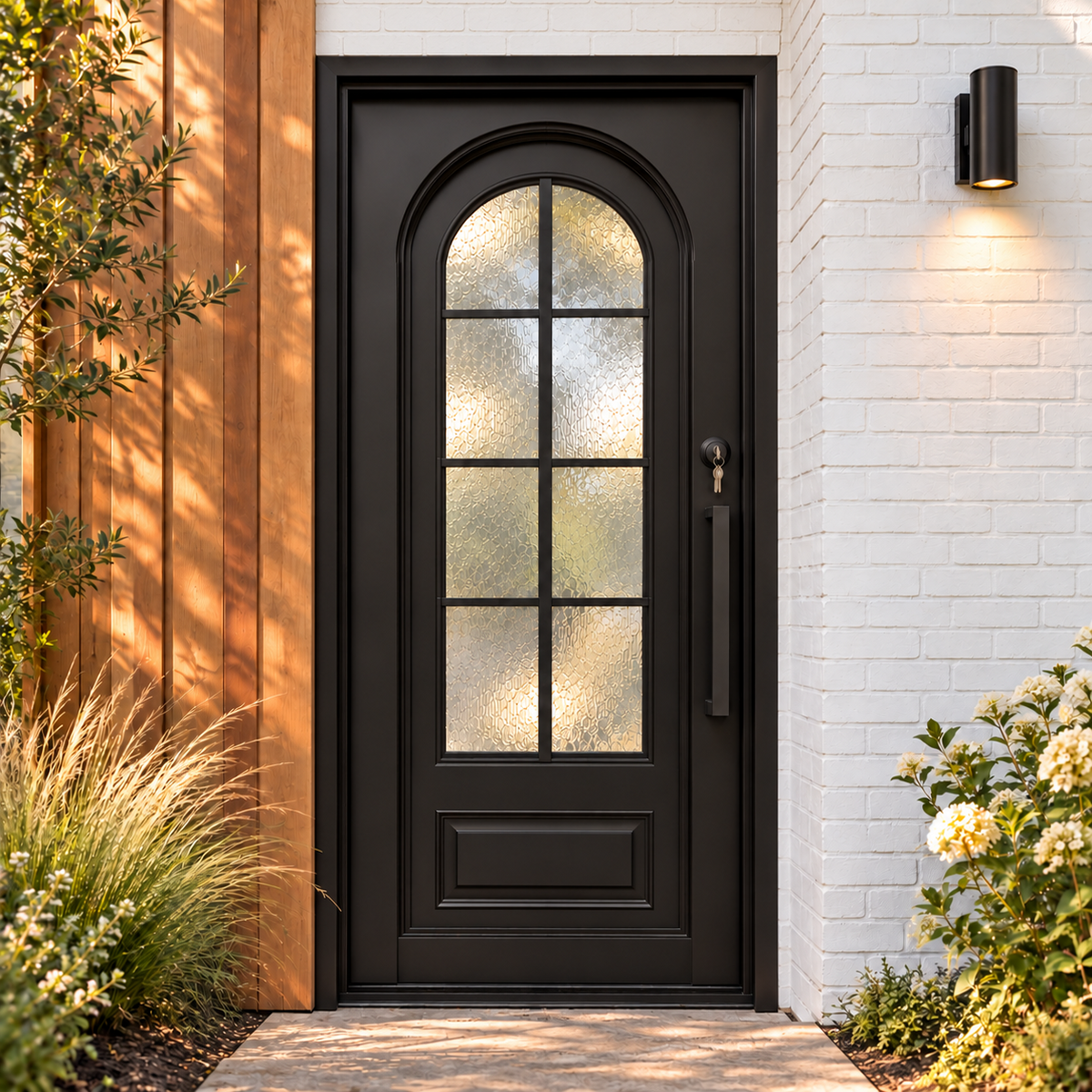 Front view of a black single iron entry door with arched eight-lite textured glass and a raised lower panel.