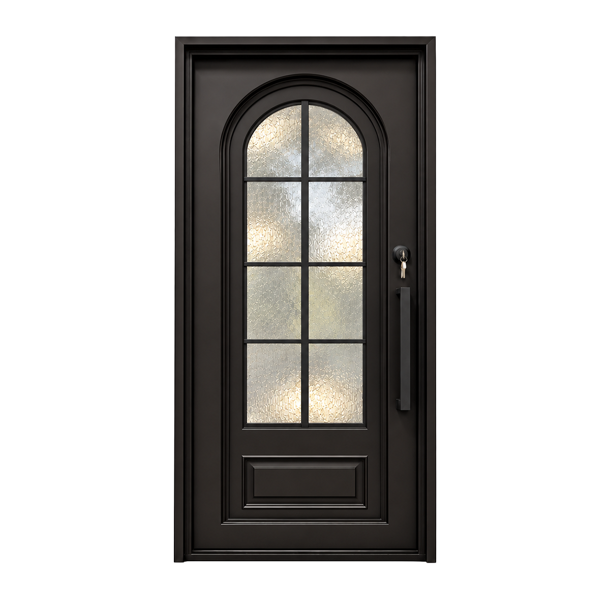 Black single iron entry door with arched eight-lite textured glass on a white background.