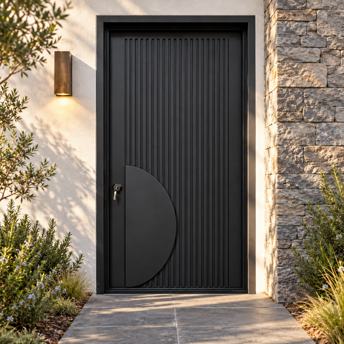 Front view of a black iron entry door with narrow vertical fluting and a smooth half-circle accent.